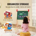 Art Easel For Kids, 3-in-1 Wooden Double-Sided Kid's Art Easel With Magnetic Whiteboard, Chalkboard, Paper Roll, Adjustable Standing Drawing Board With Painting Accessories, Storage For Boy Girl - Image 4