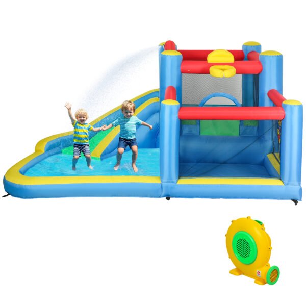 Inflatable Water Slide Bounce House W 550W Blower, Large Trampoline, Splash Pool, Basketball Hoop, Dart Board