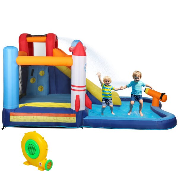 5 In 1 Inflatable Bounce House, Water Slide With 550W Blower, Splash Pool, Trampoline, Climbing Wall, Cannon